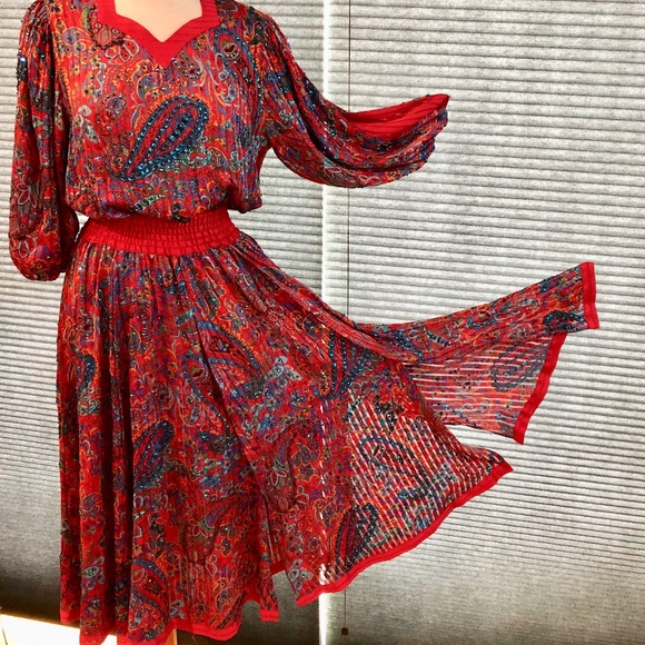 Diane Freis Red Holiday Dress Paisley Rich Gypsy Bohemian Style -Xmas OSFM - Picture 8 of 13